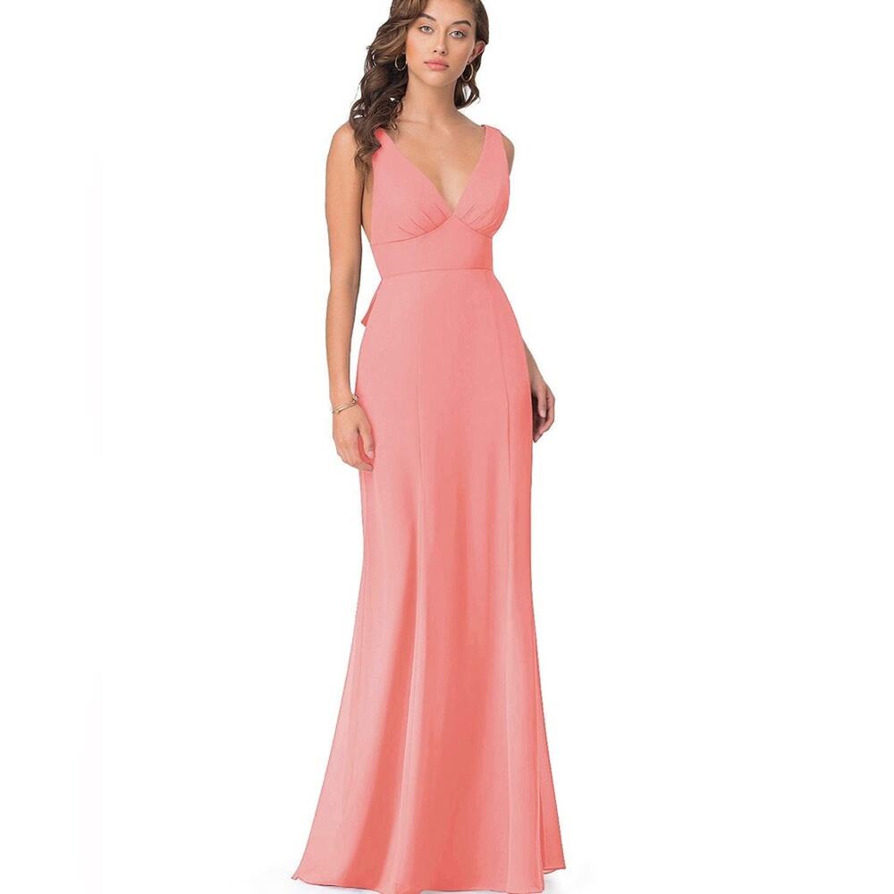 NWT Azazie Long Bridesmaid Dress Chiffon Criss Cross Tie Cut Off Back 6 - Picture 2 of 11